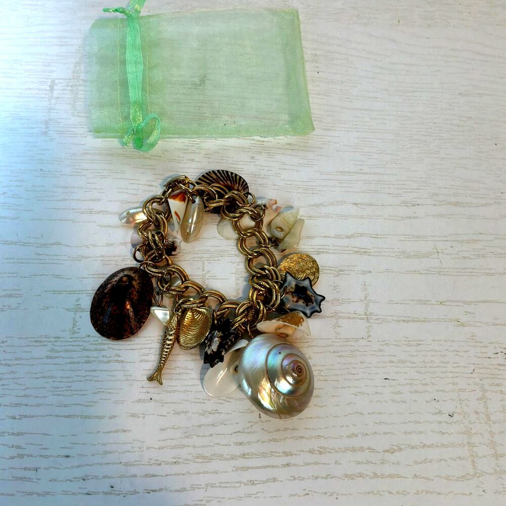 Gold Tone Charm Bracelet Large Link Double Curb Chain Shell Seahorse Vintage